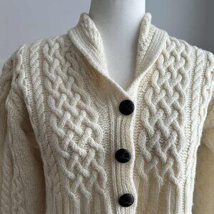 Aran Crafts Cream Pure Merino Wool Irish Cable Knit Shawl Collar Cardigan – US S